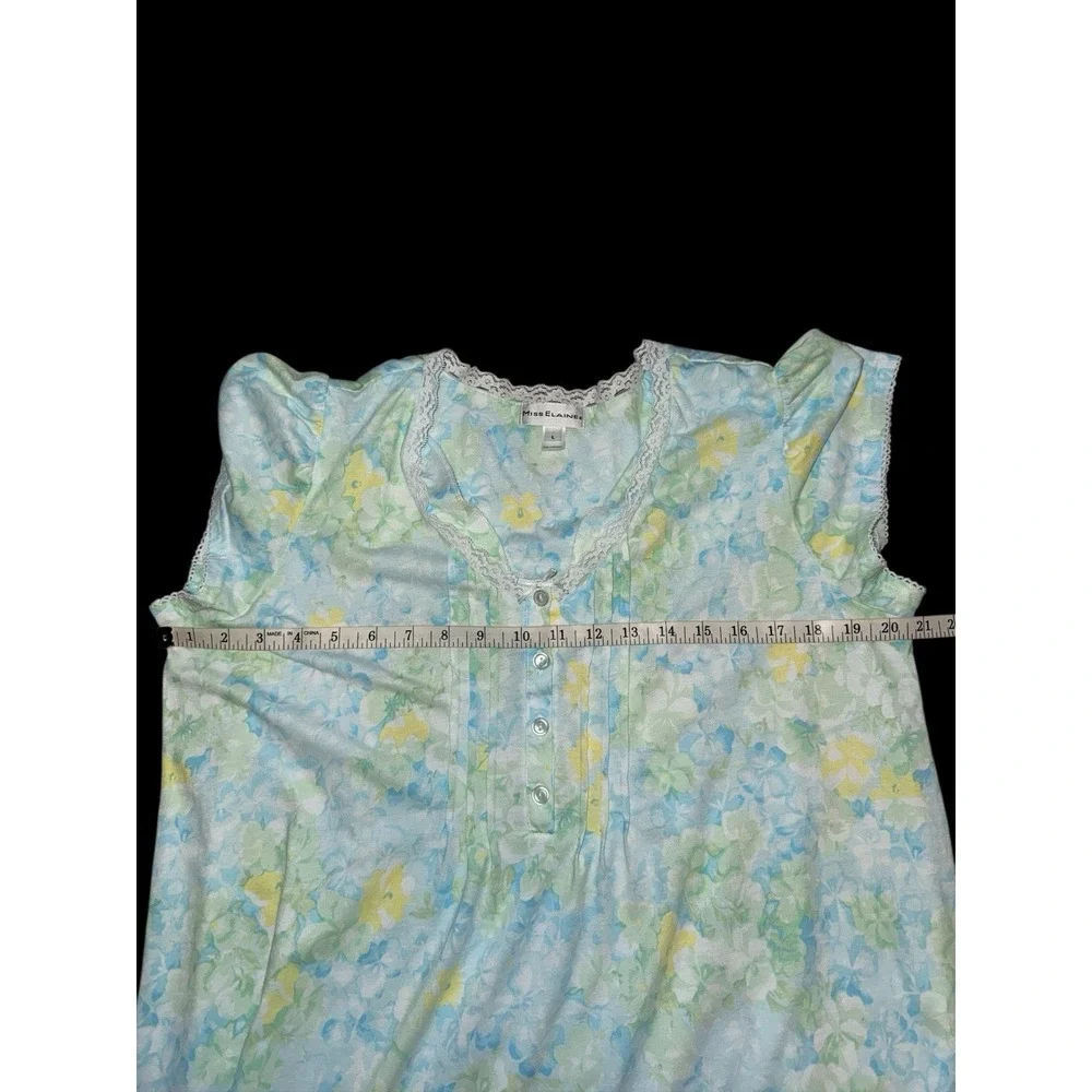 Miss Elaine Nightgown Womens Large Blue Floral Lace Trim Short Sleeve Knit Gown